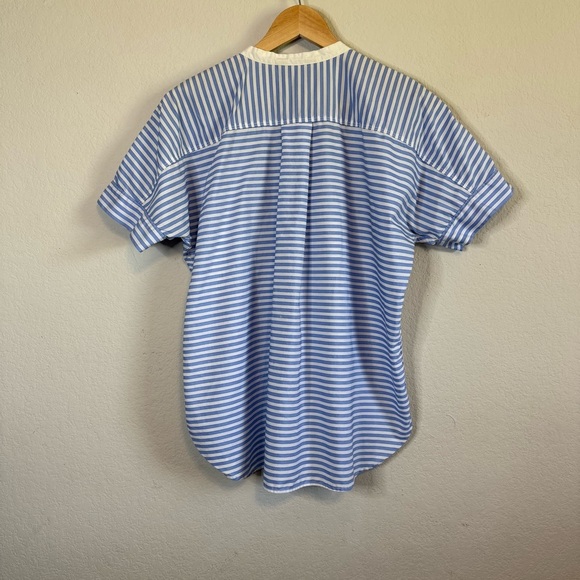 J Crew Lightweight Blue White Stripe Short Sleeve Popover V Neck Shirt Blouse MD - Picture 7 of 13